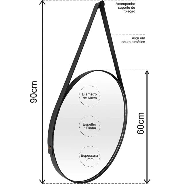 Espelho Adnet em Couro 50cm + Suporte